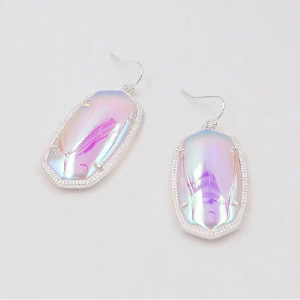 large 14k white gold plated iridescent oval dangle statement earrings